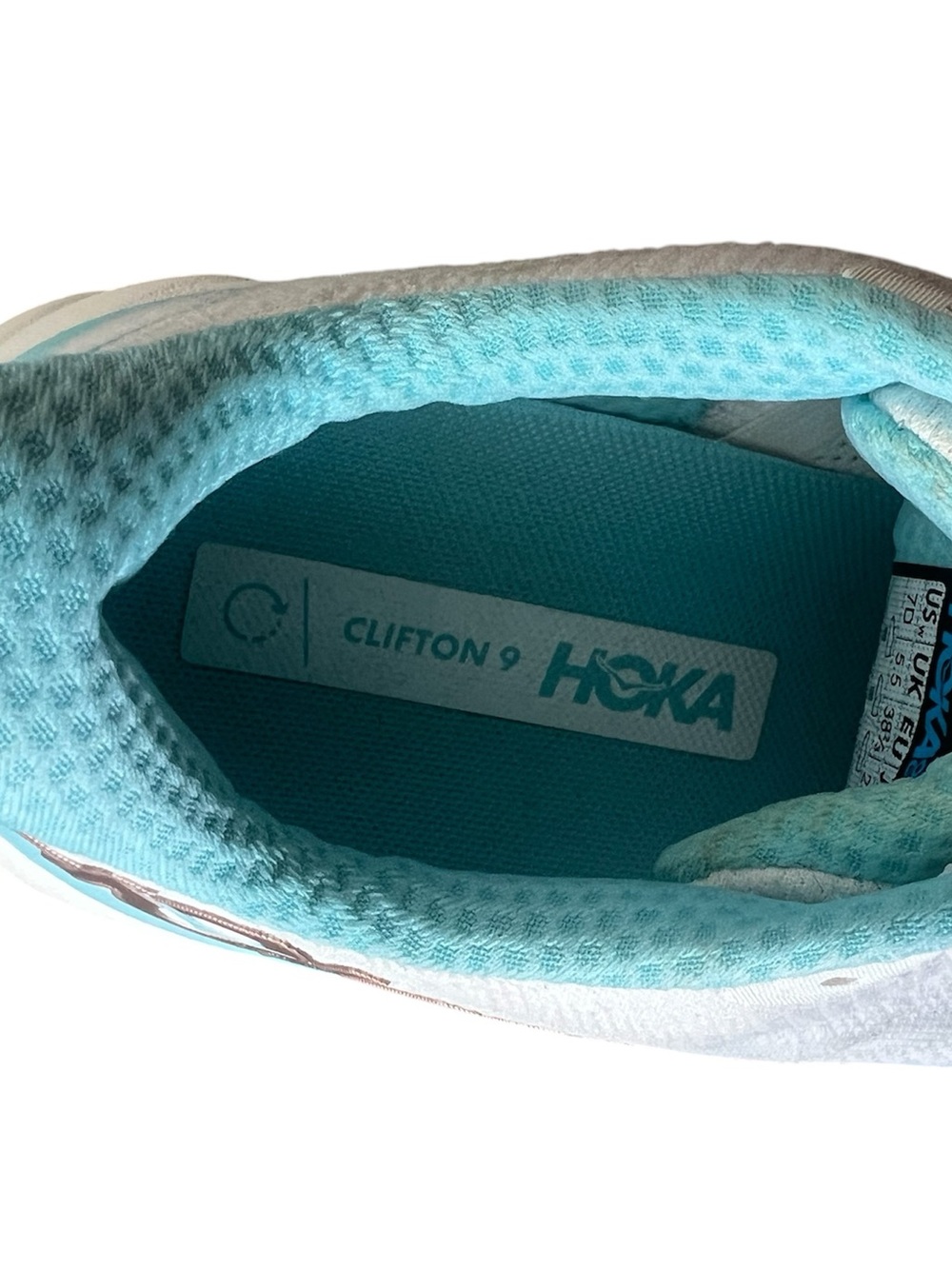 HOKA Women's Clifton 9 in the Frost / Rose Gold colorway, white mesh, sky blue. - Picture 7 of 8